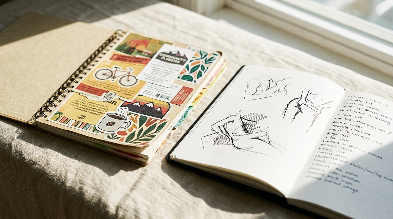 Two open notebooks lie on a sunlit linen surface. One contains colorful hobby stickers and community event flyers, while t...