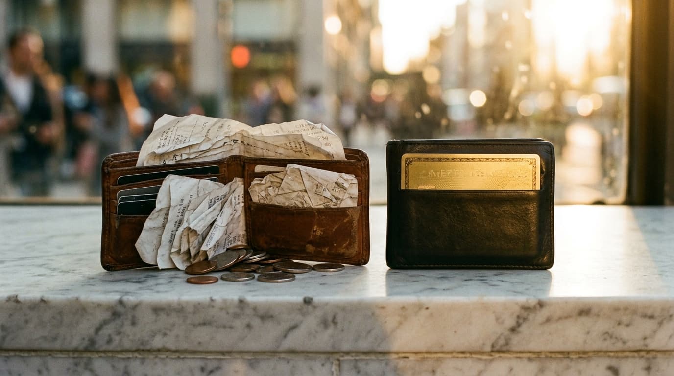 Two leather wallets rest on a polished marble ledge at golden hour. One is overflowing with crumpled receipts and coins; t...