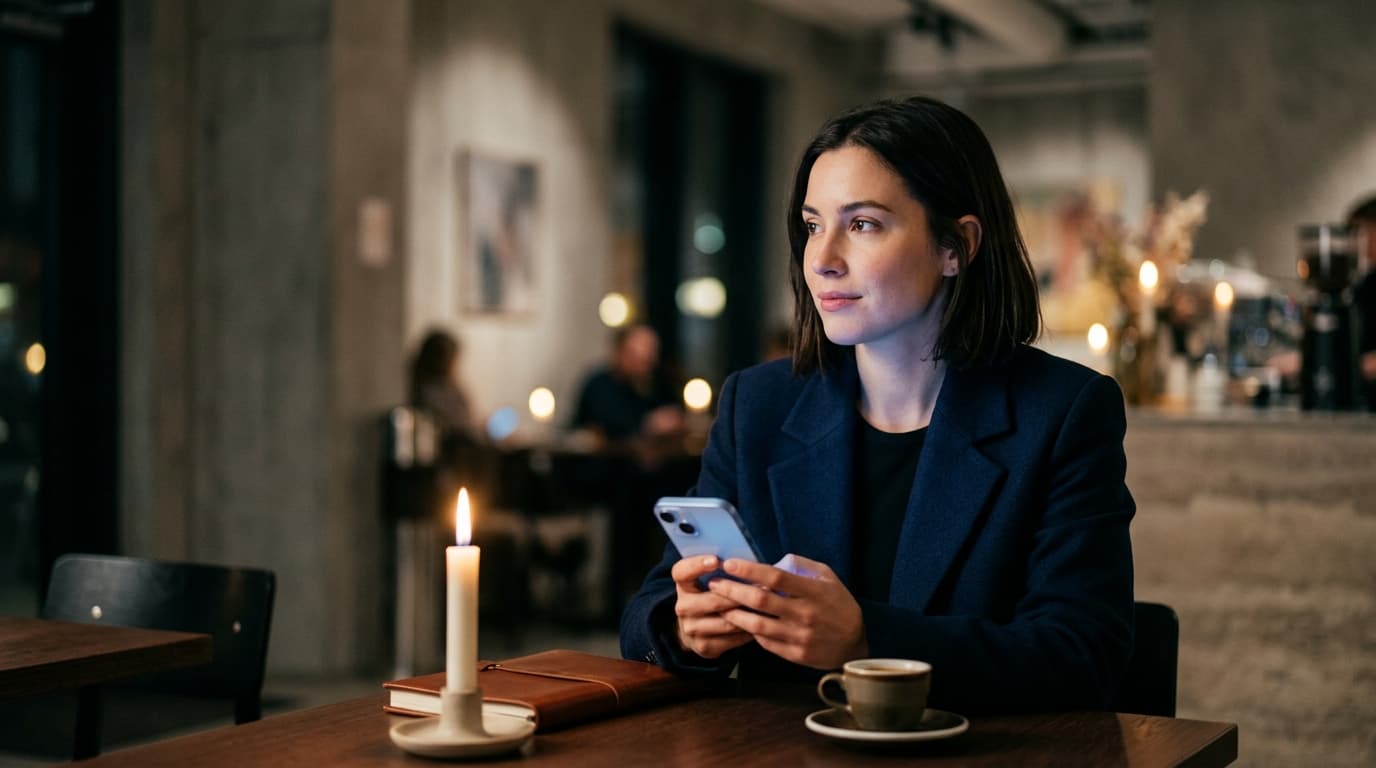 A woman in a structured blazer sits at a candle-lit cafe table. She holds her phone, looking thoughtful, as a leather note...