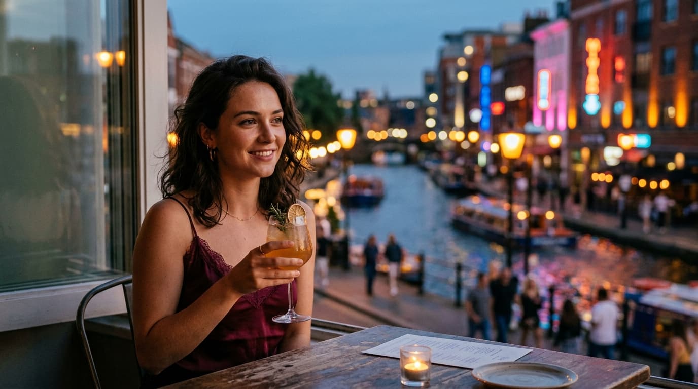 A close-up 85mm portrait of a woman in a silk camisole, offset left, holding a cocktail at the Mandalay Canal. Soft noon l...