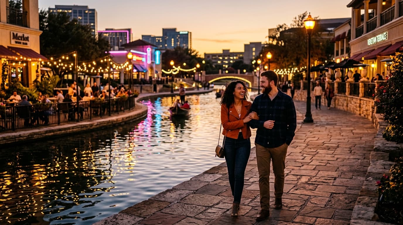 A 24mm wide-angle shot of a couple walking along the Mandalay Canal at golden hour. The water reflects string lights from...