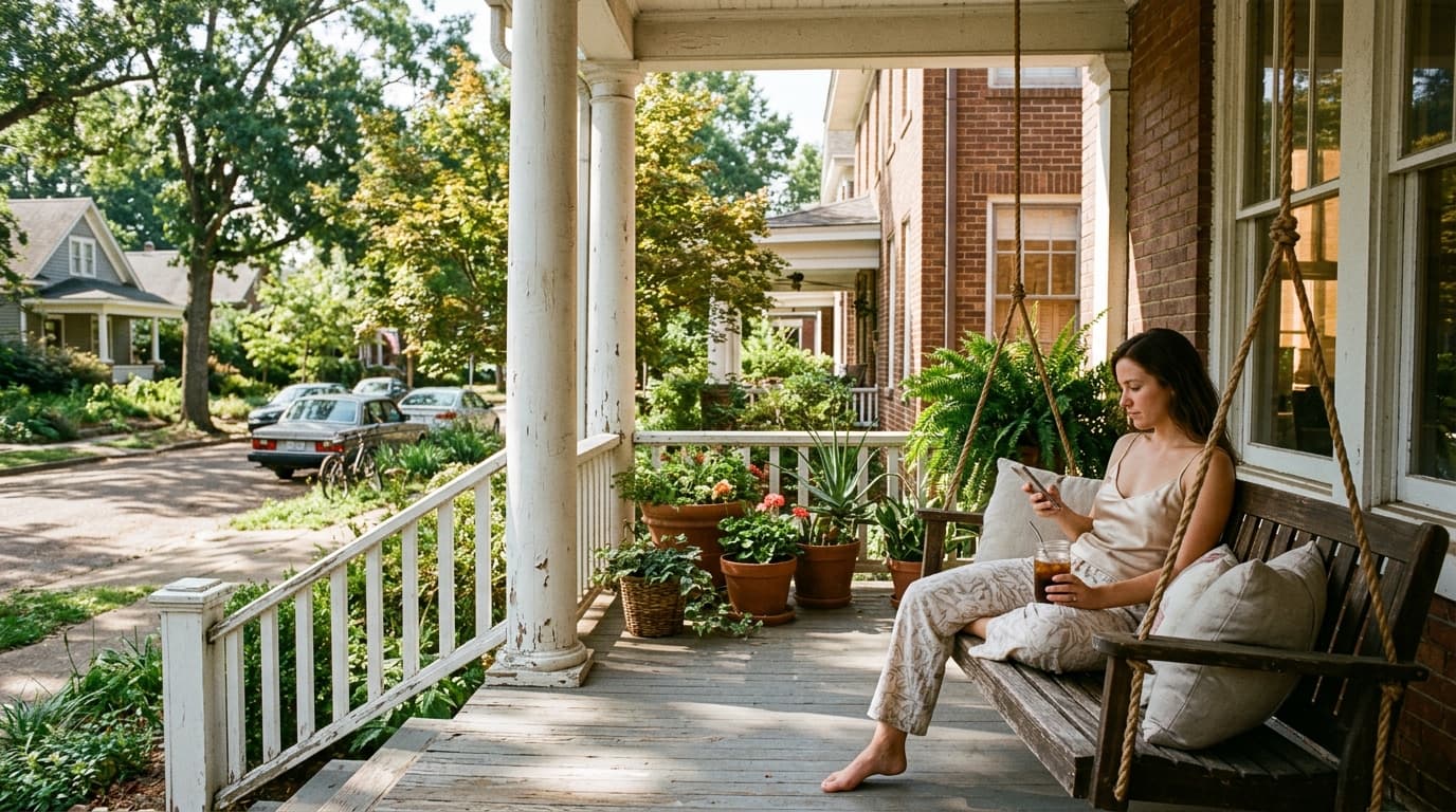 A wide shot of a sun-drenched Belhaven porch on a Sunday morning. A woman in a silk camisole sits on a wooden swing, scrol...