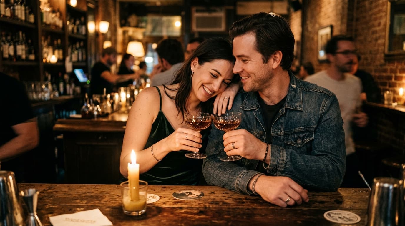 A couple sits at a candle-lit, cramped bar at The Apothecary. A woman in a dark velvet slip dress leans into a man in a de...