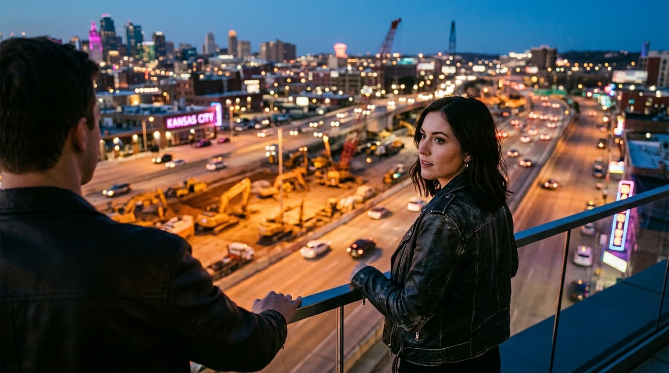 A couple stands at a sleek Crossroads balcony railing, looking over glowing highway construction lights. The woman in a le...