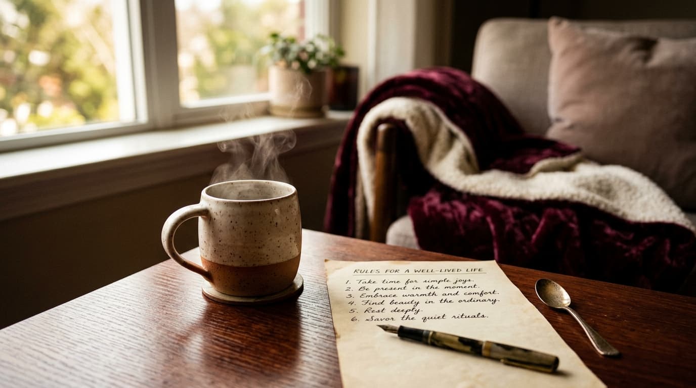 A steaming ceramic mug sits on a mahogany table next to a handwritten list of rules, bathed in bright noon light, with a p...