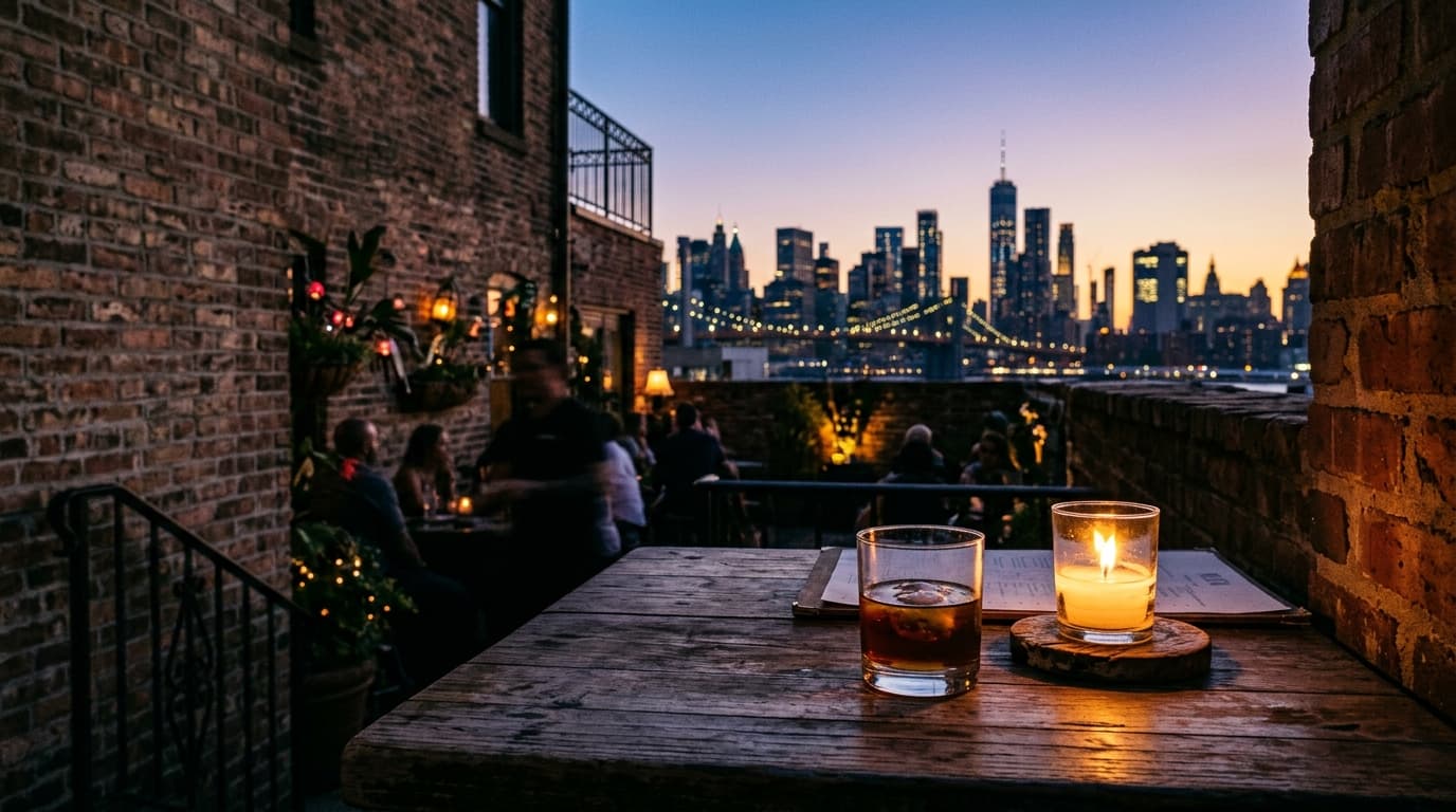 A medium shot shows a dimly lit table at an intimate patio bar on Lee Street at dusk. A flickering candle offsets right, i...