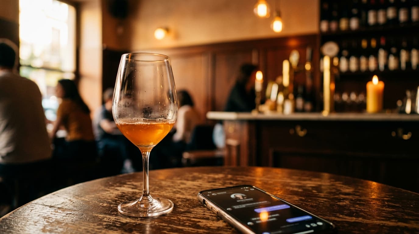 A half-empty glass of natural wine sits on a rustic bistro table at Wild Child Wines. In the lower third, a smartphone dis...