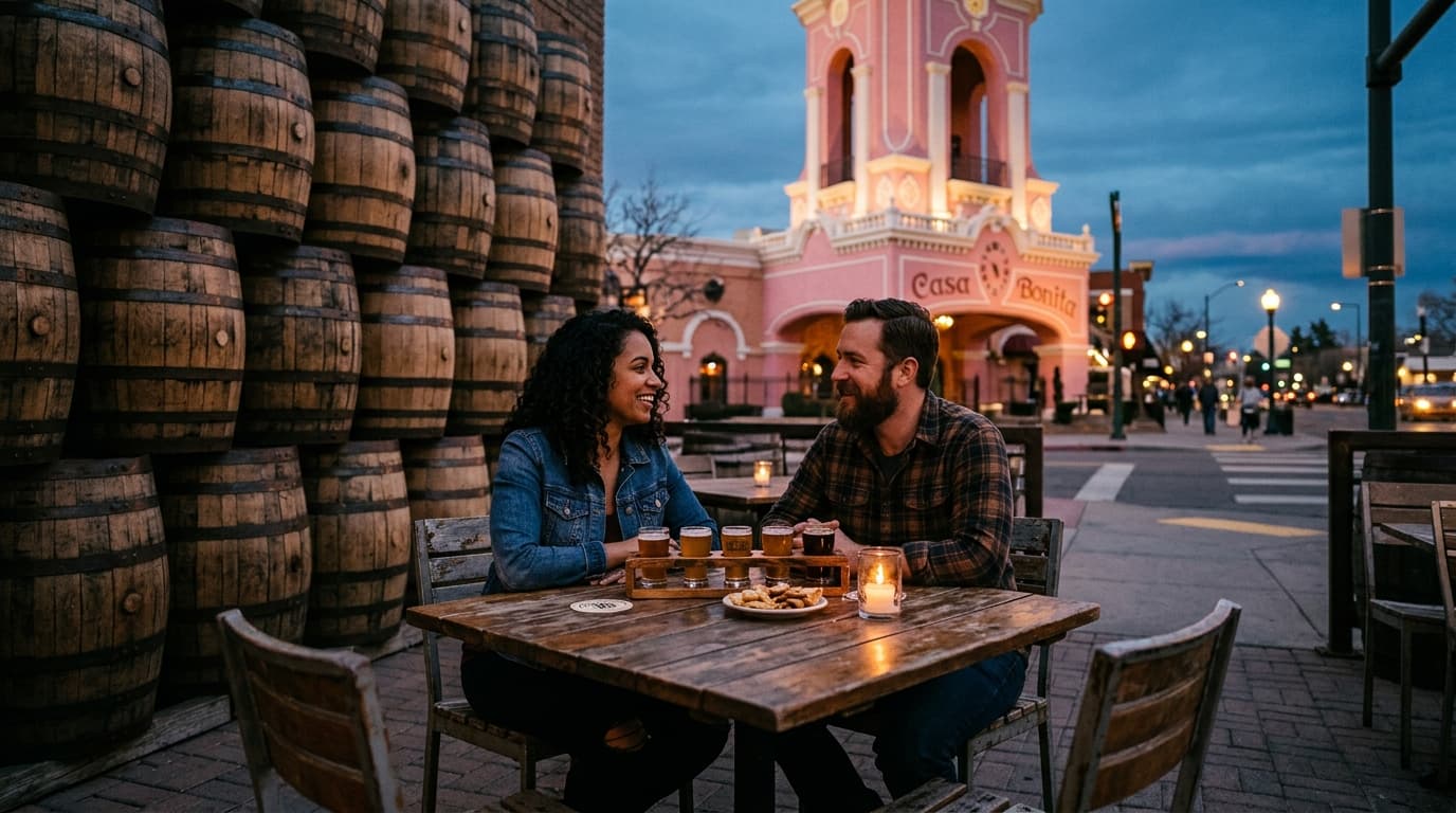 A couple sits centered on a patio table outside a WestFax Brewing Company barrel wall. A craft beer flight sits between th...
