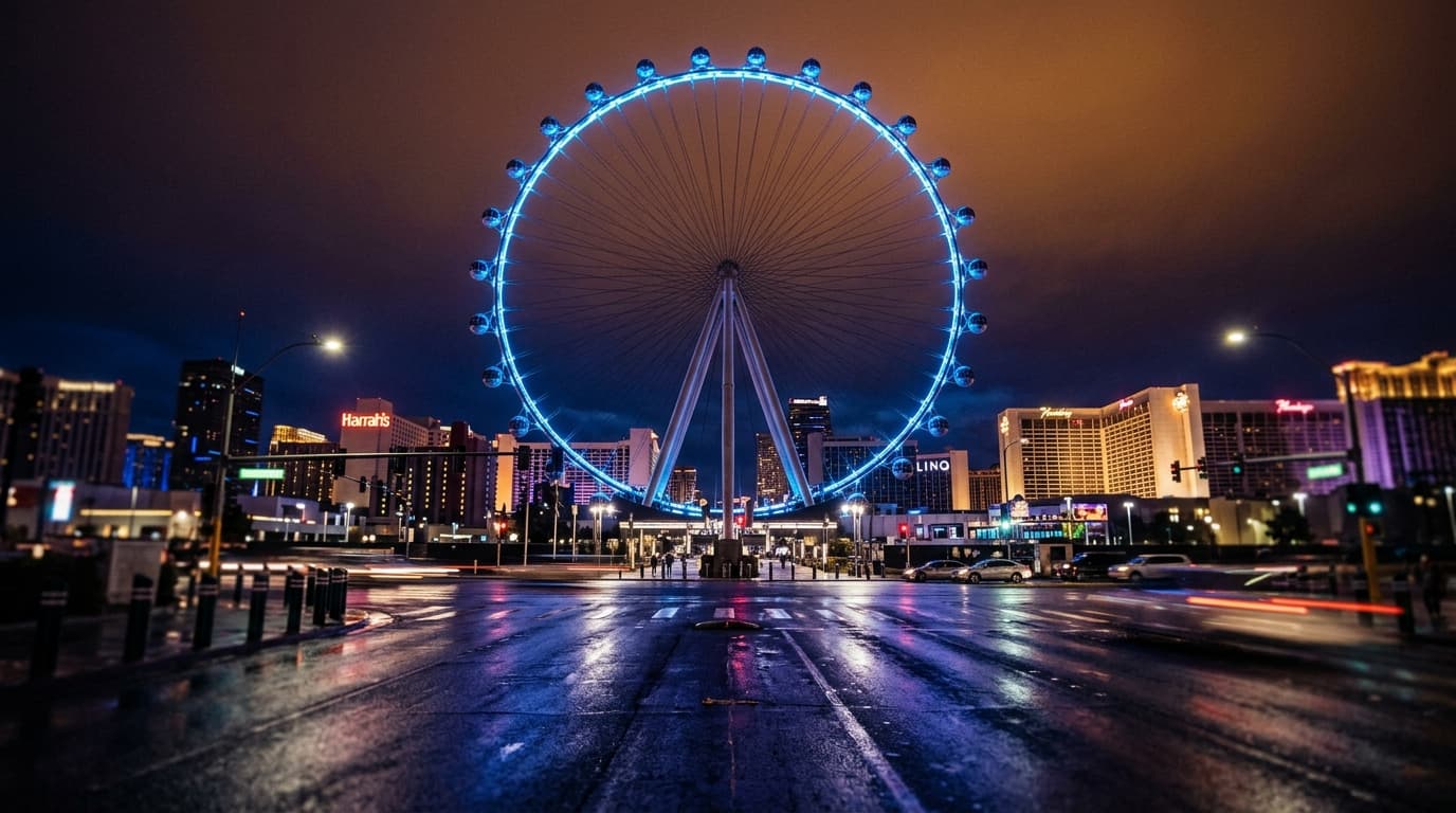 Low-angle, tilt-shift shot of the High Roller observation wheel at midnight. Deep purple shadows frame the glowing blue pe...