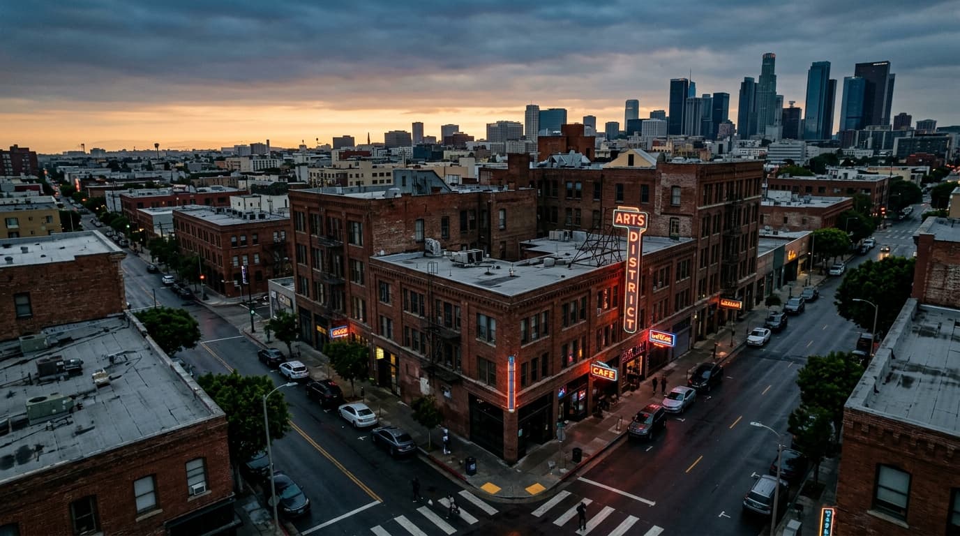Overhead flat-lay 35mm shot of the neon-lit, mid-century signage of the Arts District at dawn. The overcast morning light...