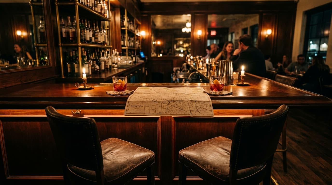 A wide-angle, symmetrical shot of an Arts District cocktail bar at night. Two leather stools face the polished wood counte...