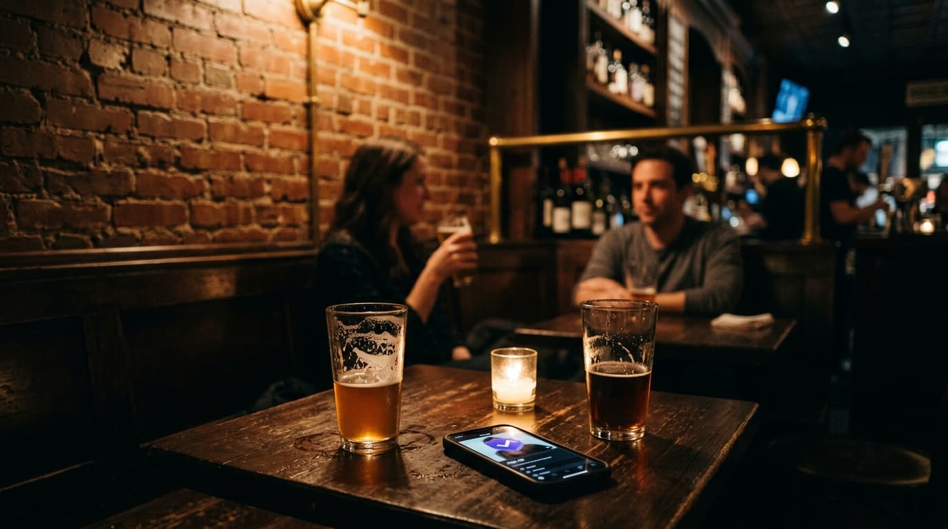 A dimly lit booth at a Water Street bar with two half-poured craft beers and a smartphone displaying a Hinge verified badg...