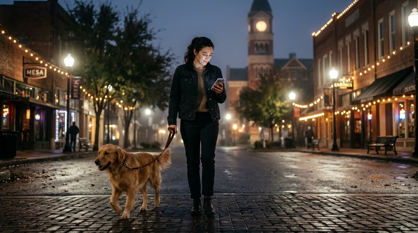 A woman in a casual denim jacket walks a golden retriever through the illuminated McKinney Downtown Square at night, a glo...