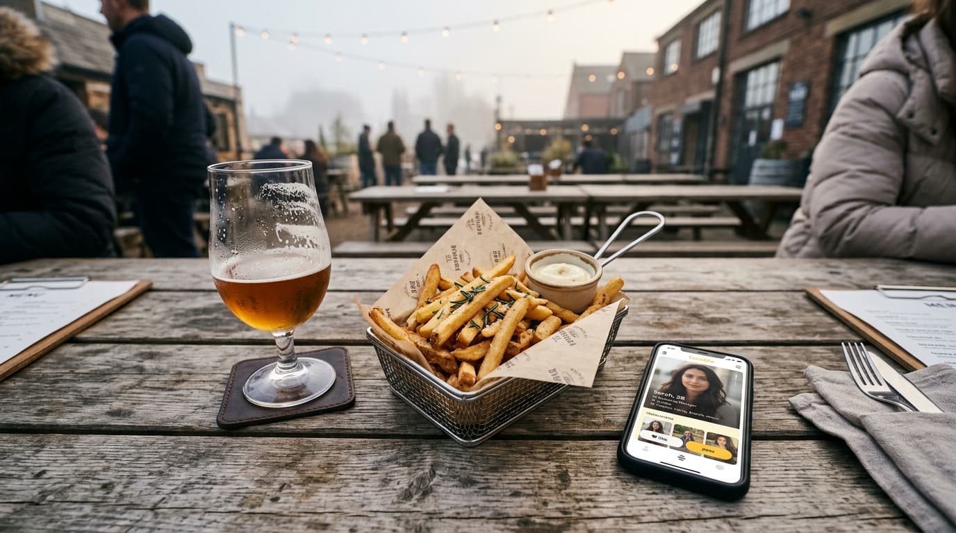 Overhead flat-lay on a weathered outdoor wooden picnic table at The Yard. A half-finished craft beer, a smartphone showing...