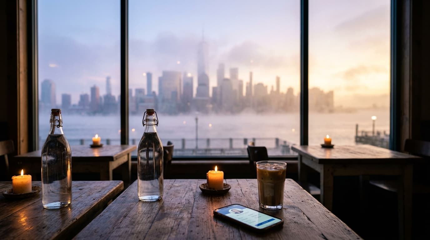 A centered 24mm medium shot inside a candle-lit Riverview cafe features two water bottles on a rustic table. A smartphone...