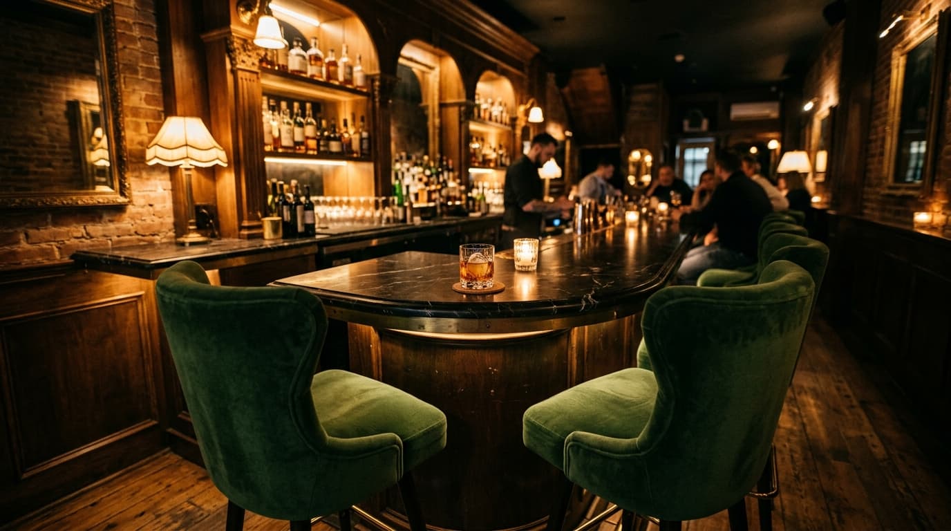 Wide establishing shot of a dimly lit, moody cocktail bar interior. Two velvet high-backed chairs face a dark marble count...