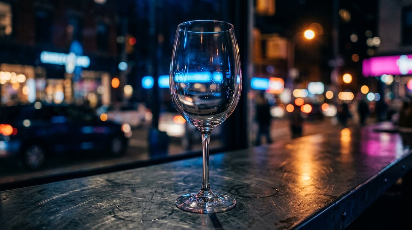 A low-angle, tight macro shot of a single empty wine glass resting on a zinc bar top, capturing blurred, glowing neon city...