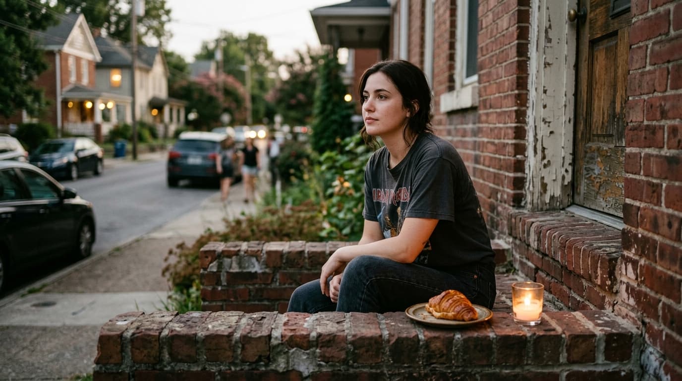 A woman in a vintage band tee sits on a weathered brick stoop in East Nashville. A half-eaten pastry from Dozen Bakery res...