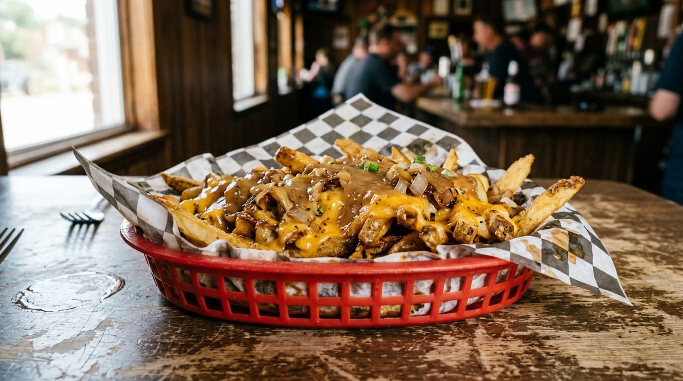 A close-up, 100mm macro shot captures a basket of greasy animal-style fries at Dino’s dive bar. Noon sunlight streams thro...
