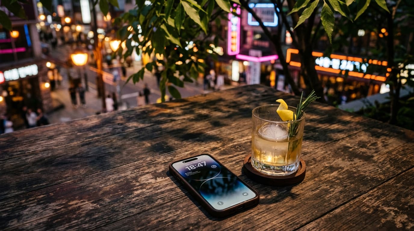 An overhead flat-lay of a high-end cocktail and a single smartphone resting on a sun-drenched patio table. Lush green spri...