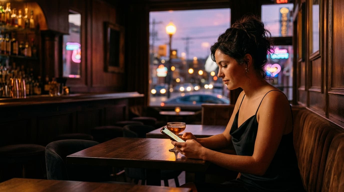 A wide shot of a dimly lit East Nashville speakeasy. A woman in a black silk slip dress glances at her glowing smartphone...
