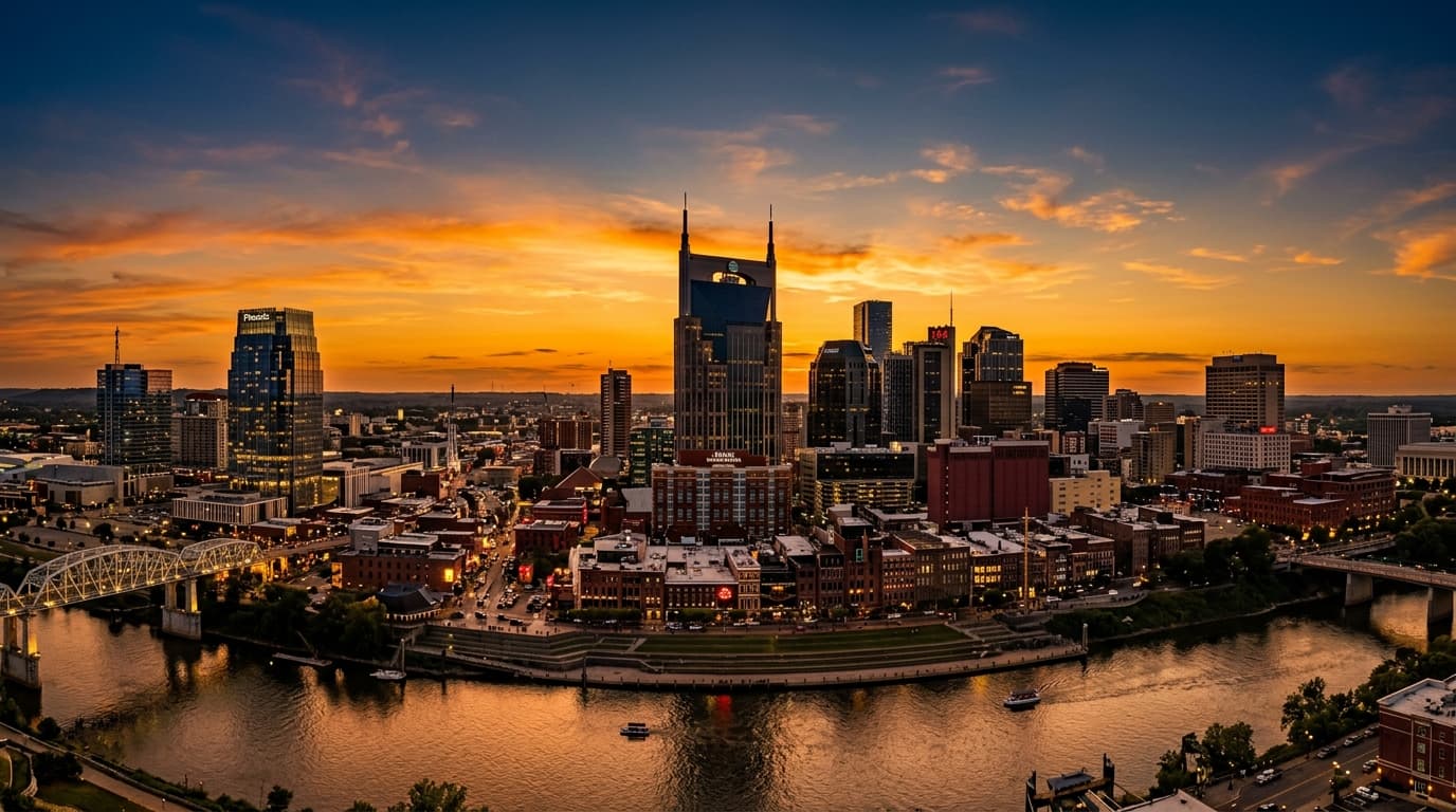 A wide-angle, symmetrical shot captures the iconic Batman Building’s twin spires piercing a deep amber sky at golden hour,...