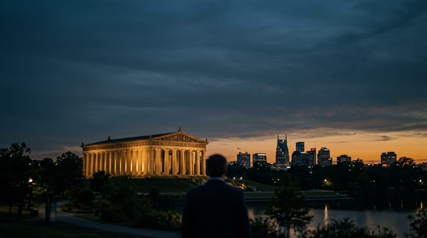 The floodlit Parthenon replica stands isolated in Centennial Park during blue hour, its weathered columns stark against th...
