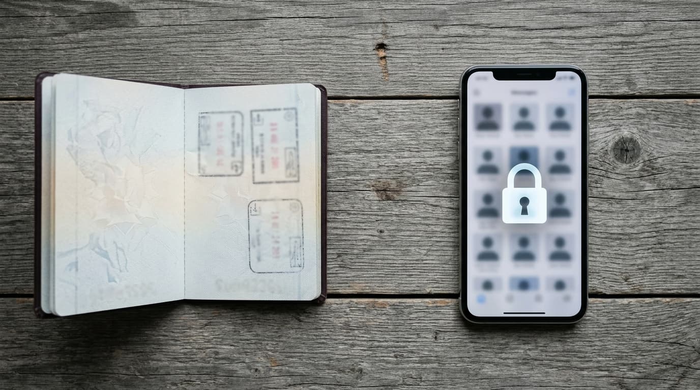 An overhead flat-lay on a weathered grey desk: on the left, a passport sits open; on the right, a smartphone displays a bl...