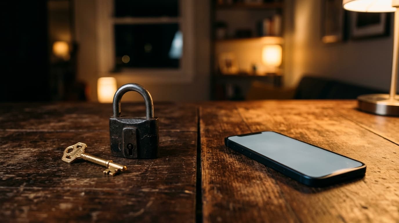 On a dark wooden table, a single, gold-plated key sits beside a locked iron padlock; to the right, a smartphone displays a...