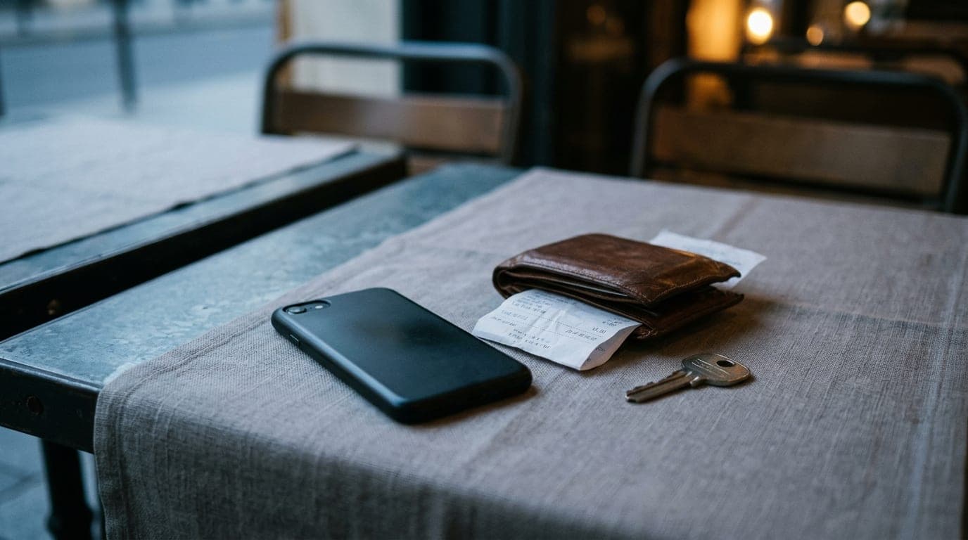 A sleek phone lies face-down on a bistro table next to a spilled leather wallet, a single silver key, and a crumpled recei...