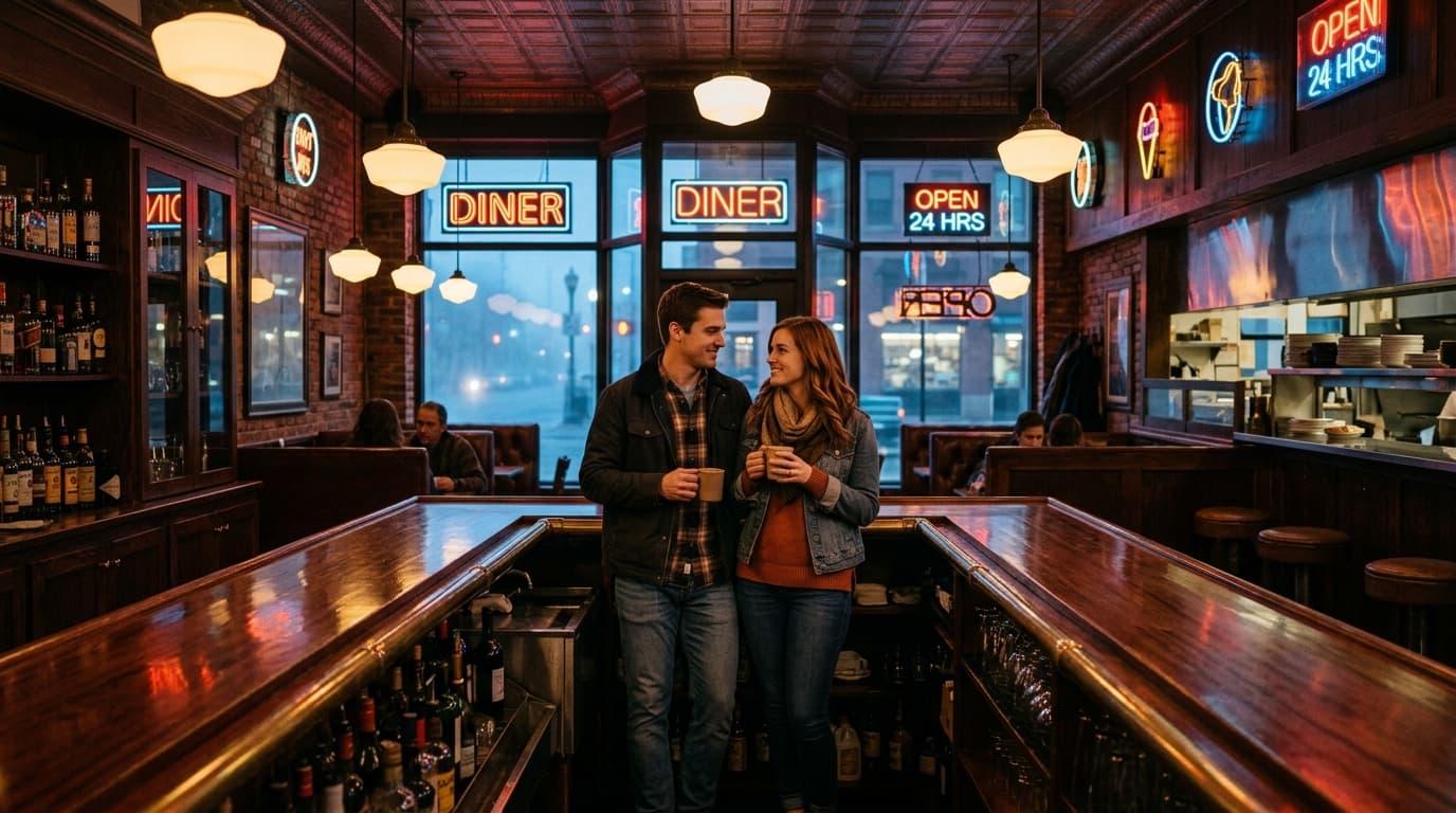 A wide 24mm shot shows a couple in casual date attire standing centered inside a retro-diner bar, framed by warm hanging p...