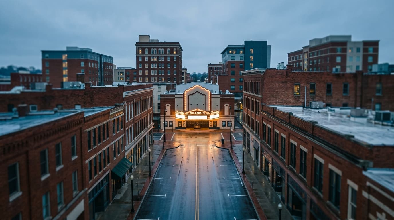 An overhead flat-lay shot, captured with a 24mm wide-angle lens, shows the Grandin Theatre marquee glowing under an overca...