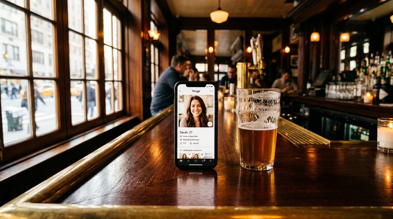 A mahogany bar top in a Midtown tavern features a half-poured local craft IPA and a smartphone showing a Hinge profile, ce...