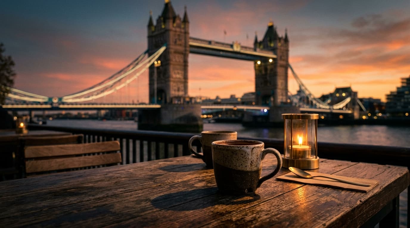 A weathered wooden outdoor café table overlooking the Tower Bridge at sunset. Two half-finished ceramic mugs sit near the...