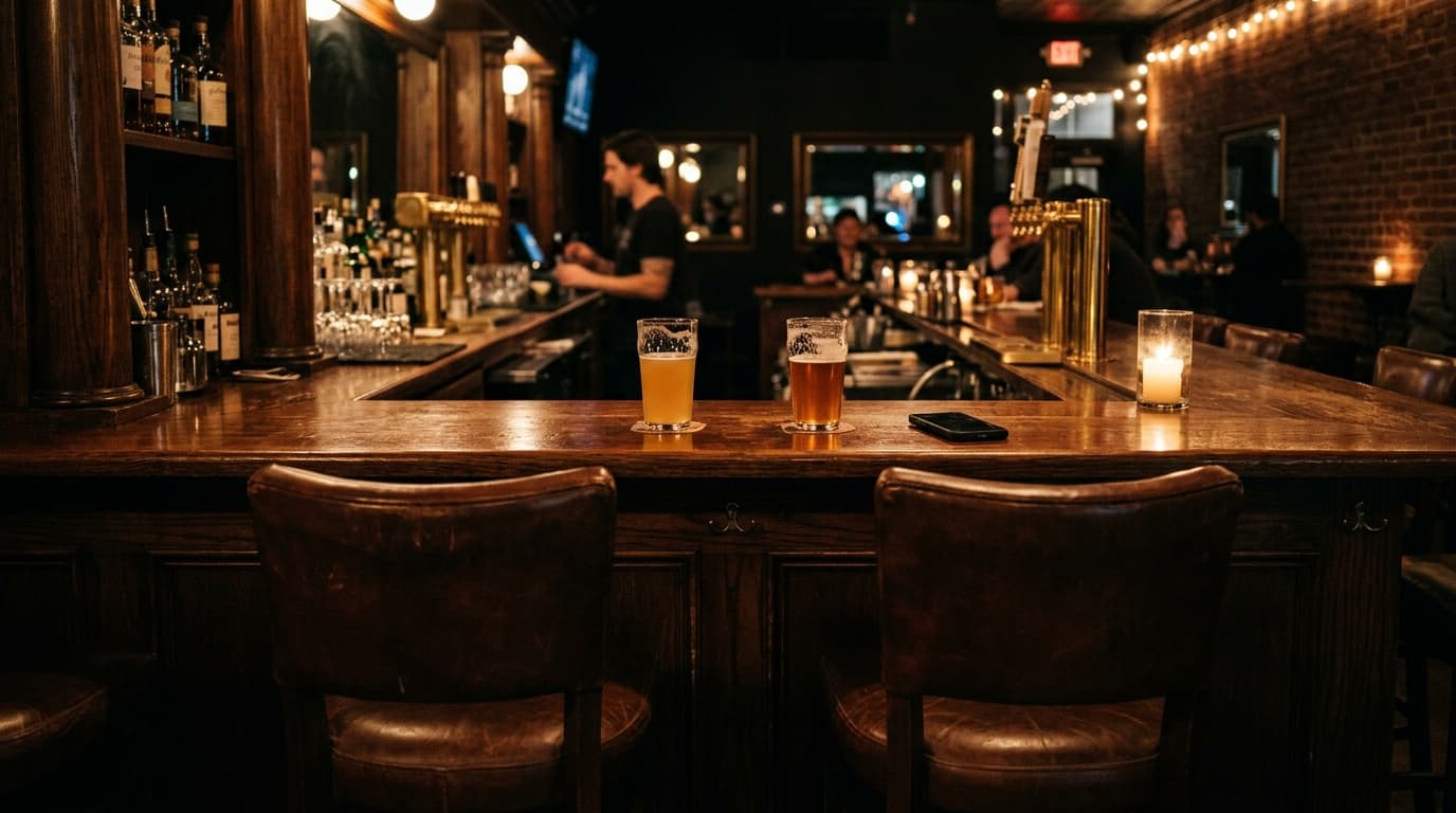 A centered medium shot of a dim North Park bar at night. Two leather stools face the polished wood counter, featuring two...