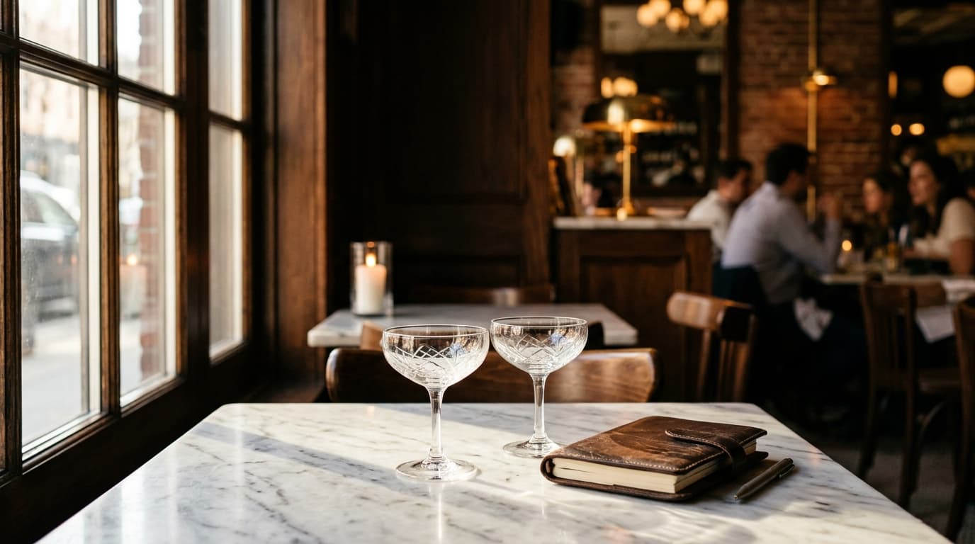 Sunlight streams through a window onto a marble table at a Little Italy bistro, highlighting two empty crystal cocktail co...