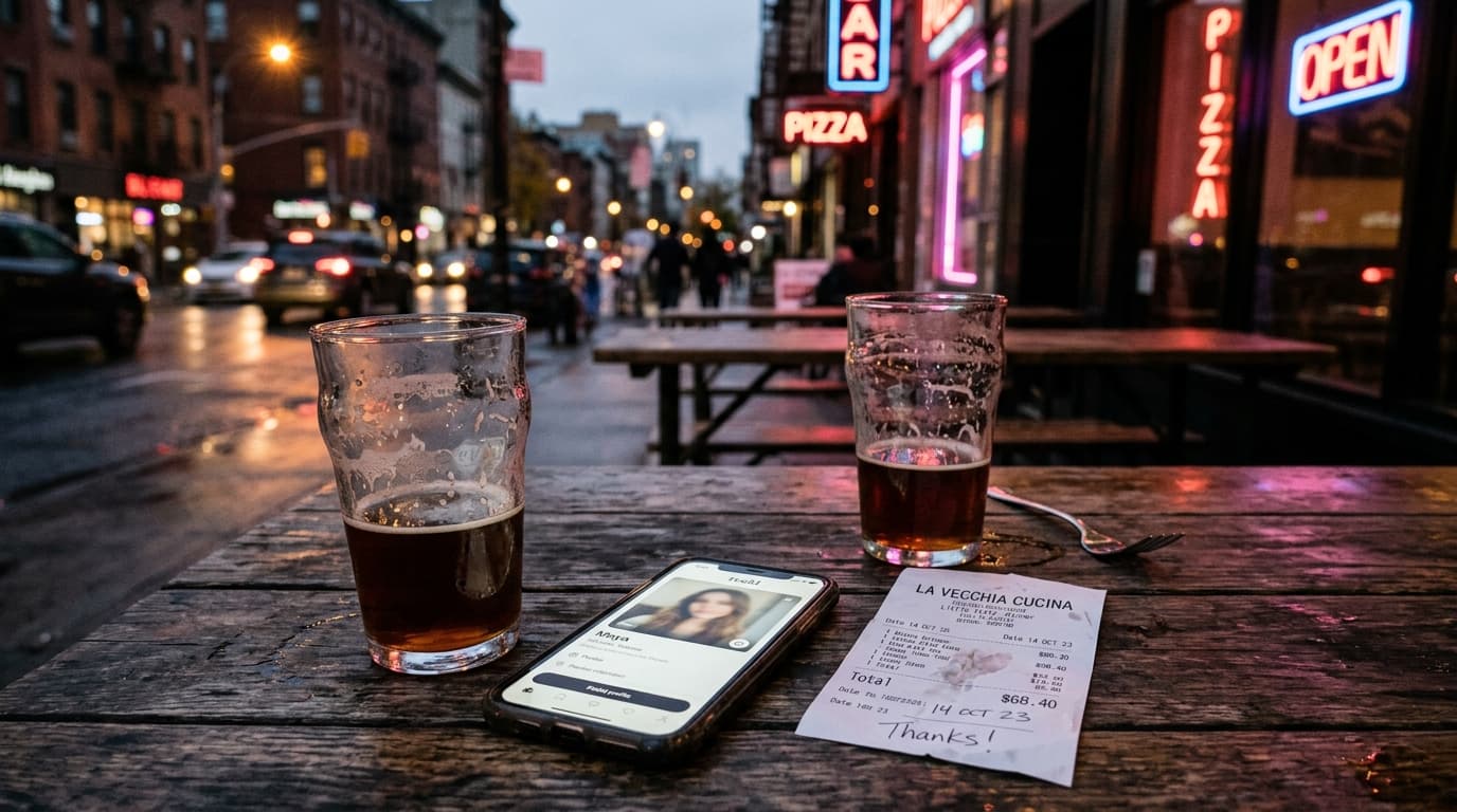 Overhead flat-lay on a weathered outdoor bistro table: two half-empty craft beer glasses, a smartphone showing a Feeld pro...