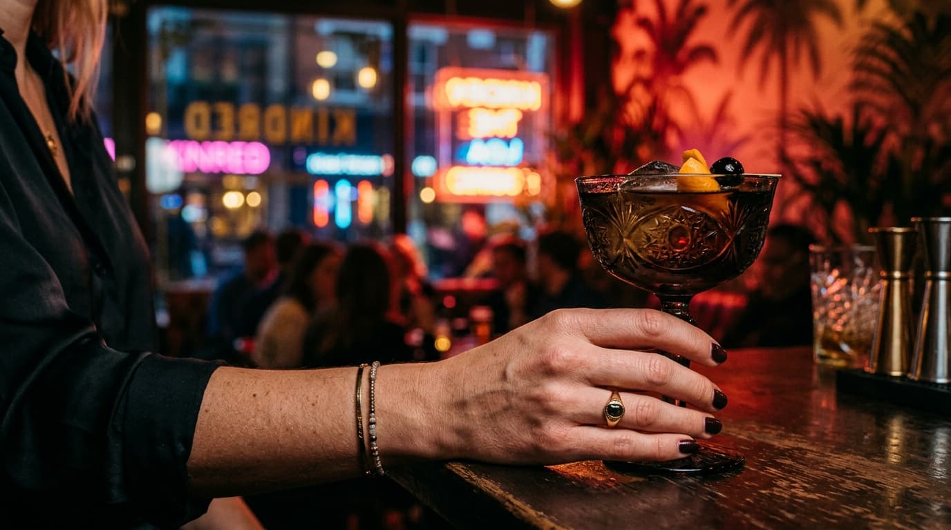 A tight 100mm macro shot of a single hand clutching a dark, ornate cocktail glass at Kindred. The background glows with mo...