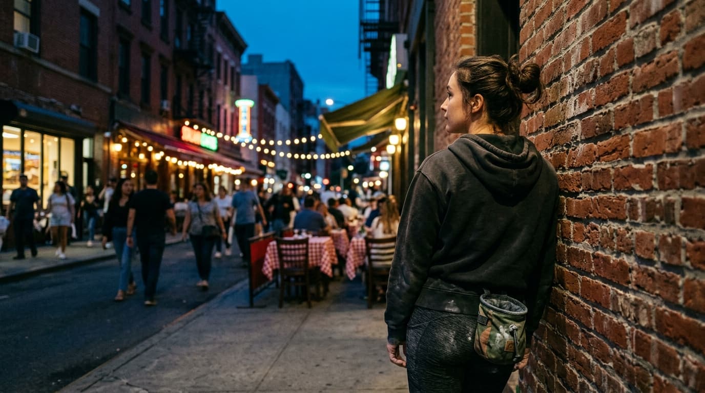 A woman in athletic leggings leans against a worn brick wall in Little Italy at blue hour. She holds a bouldering chalk ba...