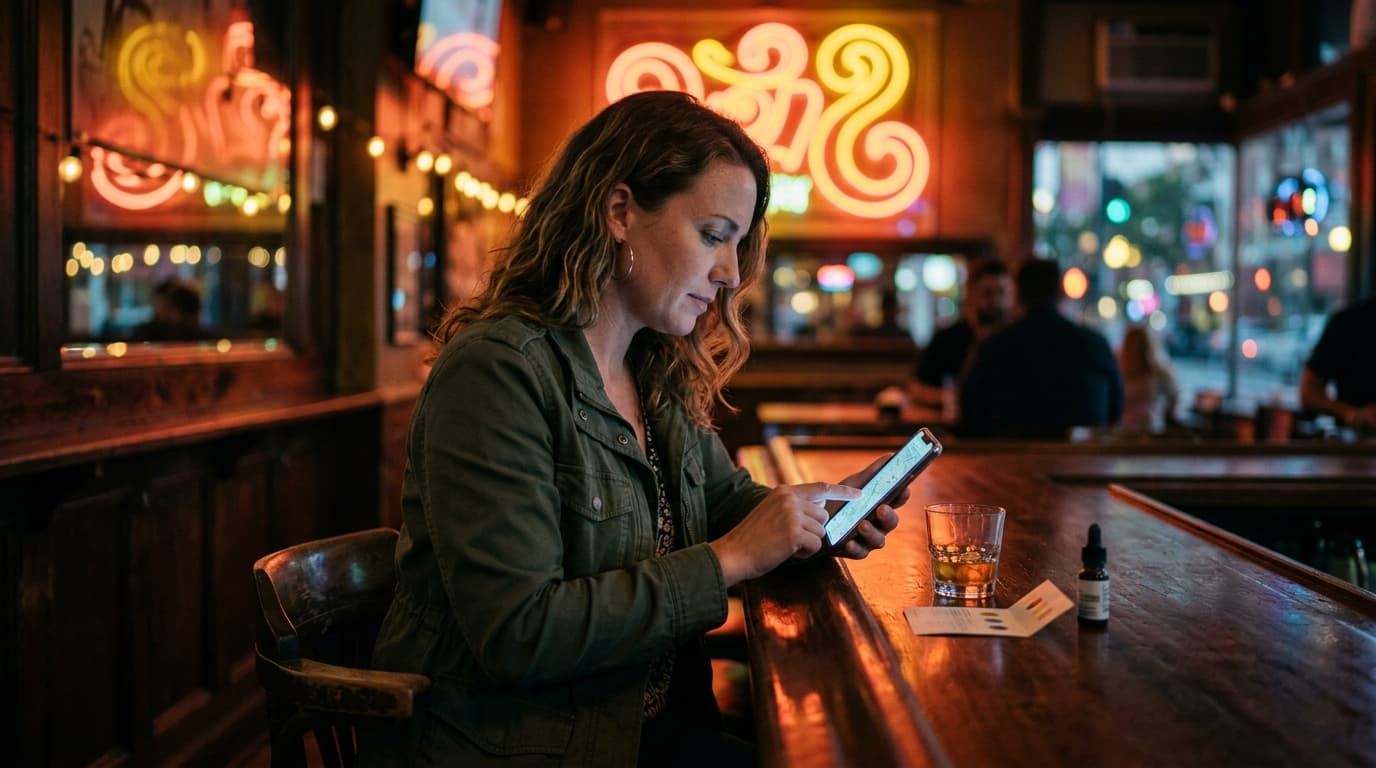 A woman sits on a Gaslamp Quarter bar stool, checking her live location on her smartphone. A drink-testing kit rests on th...