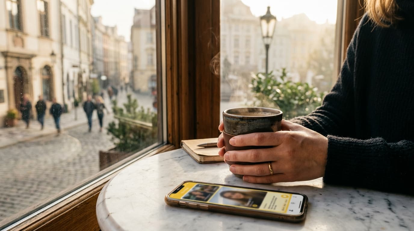 A close-up of a hand holding a steaming ceramic mug by a sunlit cafe window. A blurred Bumble profile on a phone screen re...