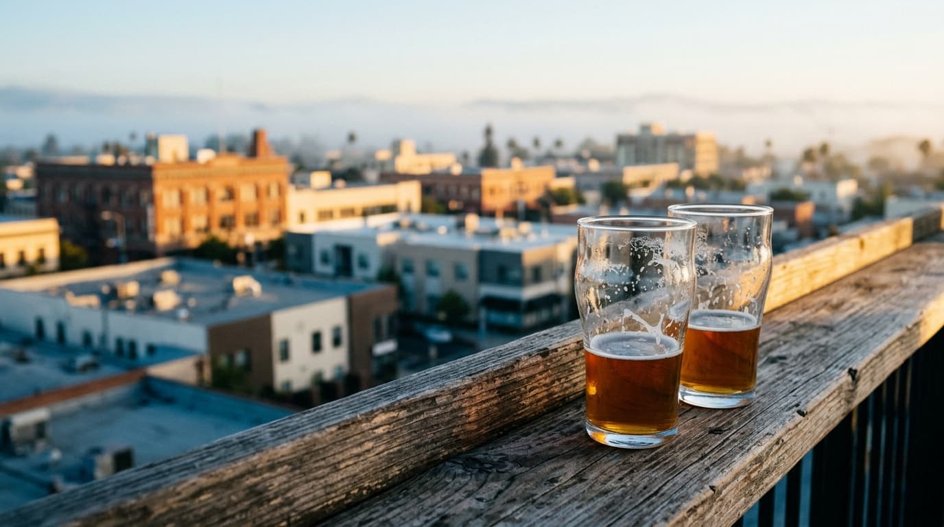 A 35mm documentary shot at golden hour captures two half-empty craft beer glasses on a weathered rooftop railing, overlook...