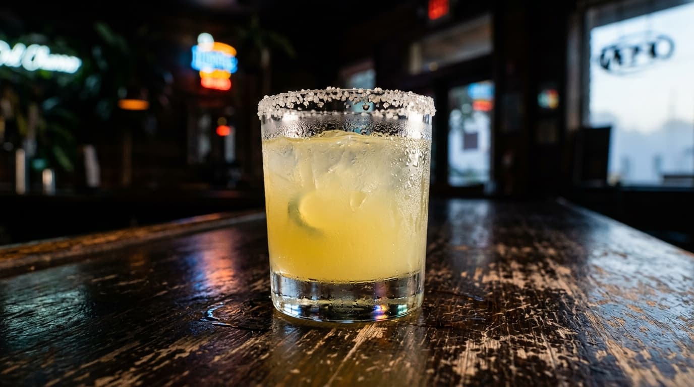 A low-angle, tight 100mm macro shot of a single salt-rimmed margarita glass on a dark, scratched wooden table at Del Charr...