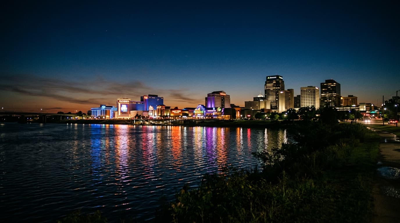 Low-angle, 35mm shot of the neon-lit Shreveport riverfront casinos reflecting off the dark Red River at midnight, framing...
