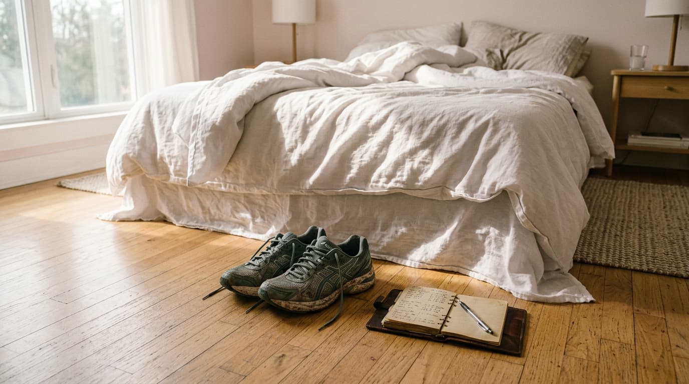 A wide-angle, centered shot of a bedroom floor featuring a pair of high-end running shoes beside a leather-bound exercise...