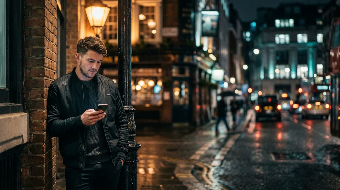 A man in a sleek bomber jacket stands offset left on a rain-slicked London street corner at night, checking his phone scre...