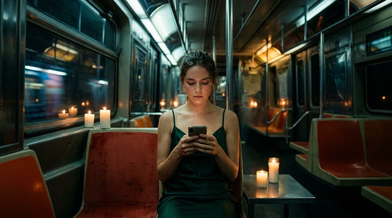 A woman in a silk slip dress sits centered in a dimly candle-lit subway car, staring intensely at a glowing digital invoic...