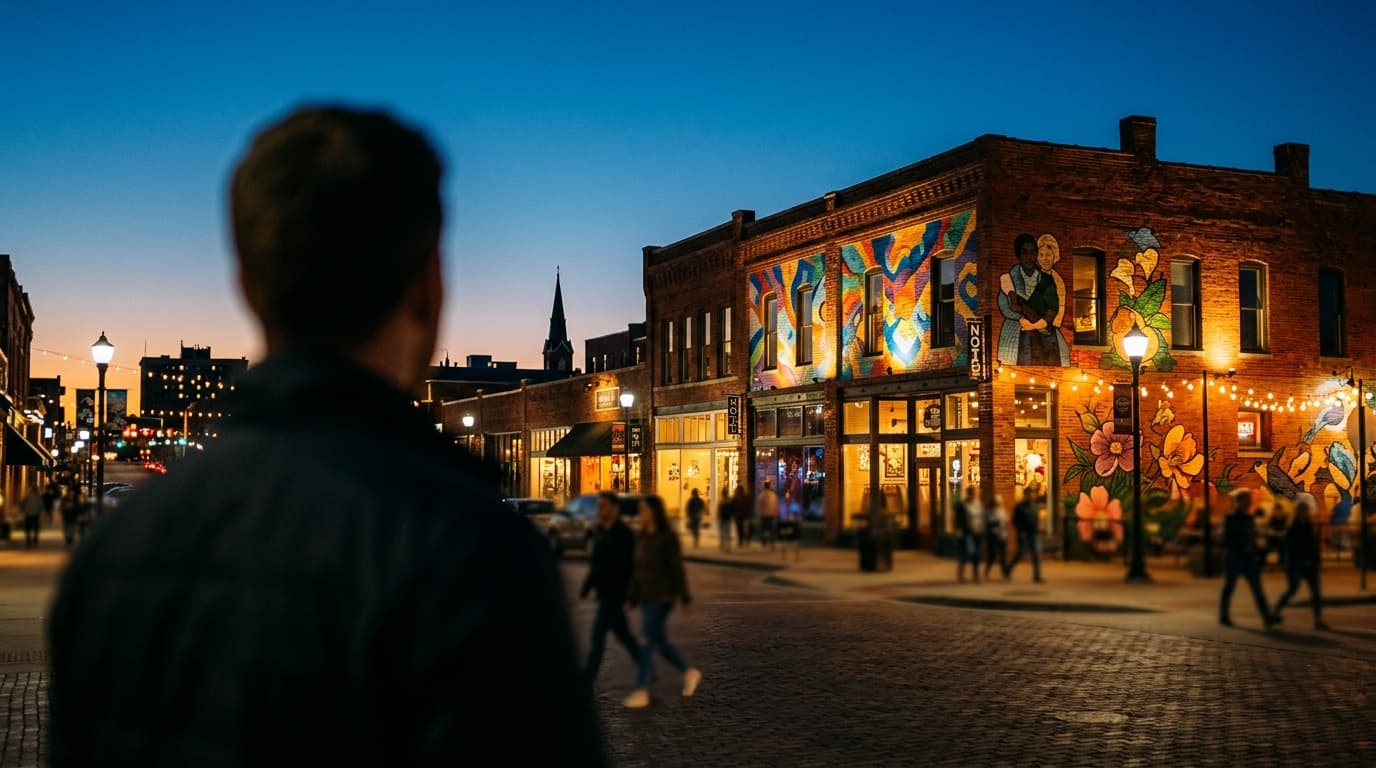 A blurred urban foreground gives way to the illuminated, vibrant brick murals of the NOTO Arts District at dusk, framed by...