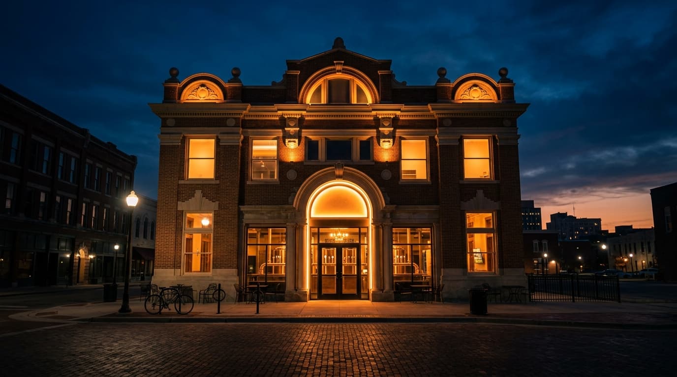 A low-angle 24mm wide-angle shot of the illuminated Brew Bank facade at midnight. The symmetric composition centers the gl...