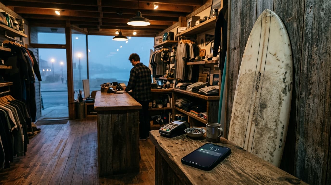 A wide 35mm shot of a surf shop interior at dusk, a weathered surfboard leaning against a wall, a smartphone glowing with...